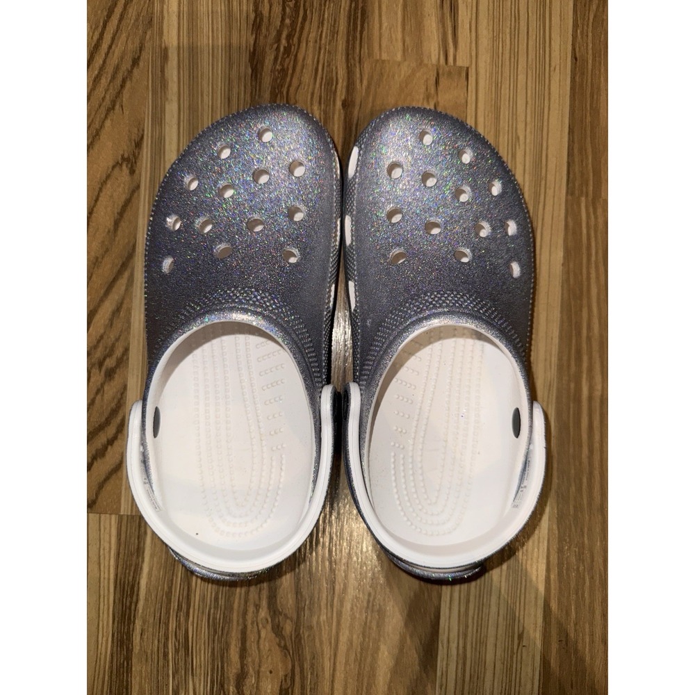 Crocs Unisex Classic Silver Glitter Sparkle Iridescent Size M5‎ W7 EUC